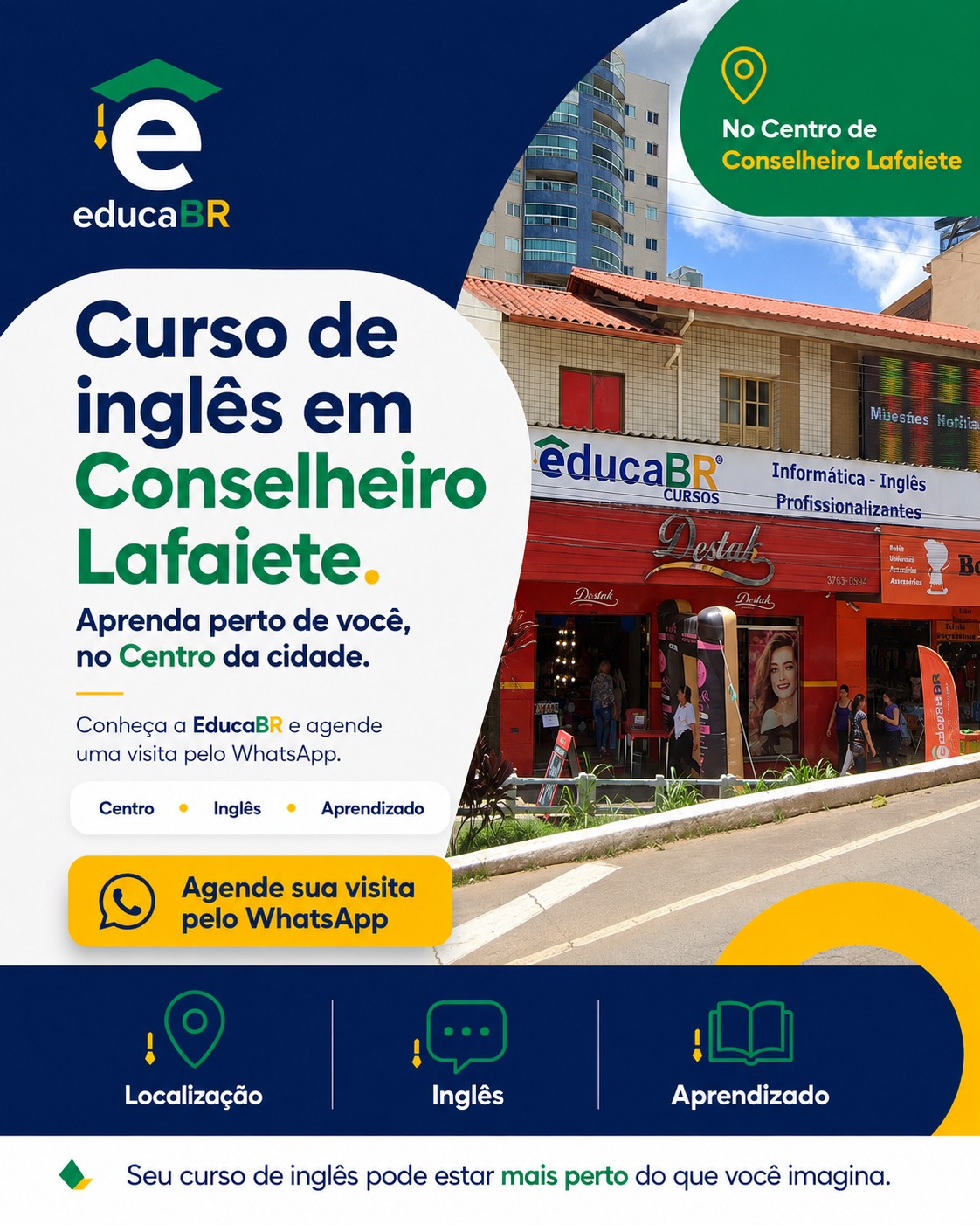Fachada da unidade EducaBR ao lado do viaduto e embaixo do painel de LED em Conselheiro Lafaiete